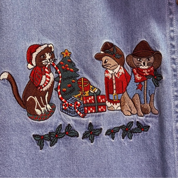 Vintage 90s Let’s Quiz Again Ugly Christmas Denim‎ Shirt Western Cowboy Cats L - Picture 3 of 12